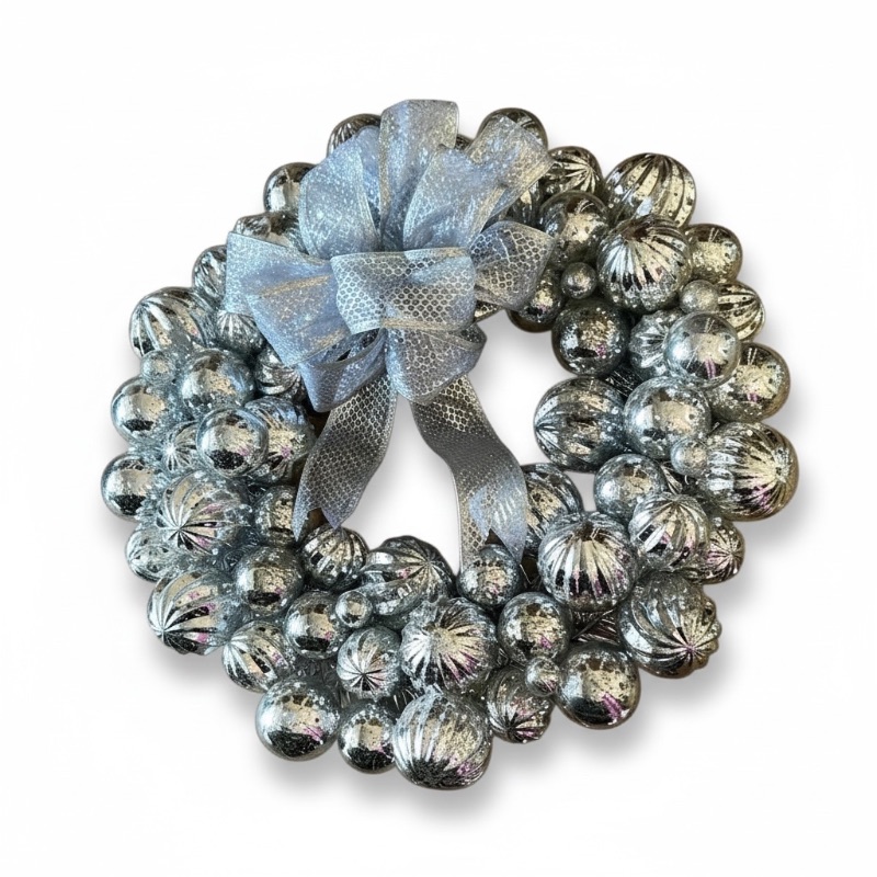 Photo 1 of 26" BALLARD DESIGN PRE LIT SILVER ORNAMENT WREATH
