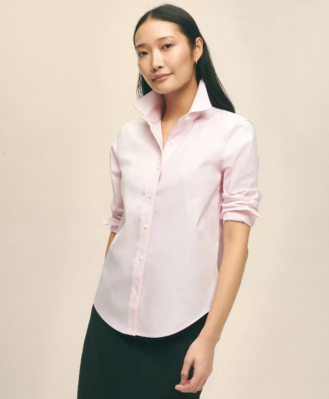 Photo 1 of BROOKS BROTHERS PINK PIN STRIPED WOMEN'S CLASSIC FIT NON-IRON STRETCH COTTON DRESS SHIRT (8)
