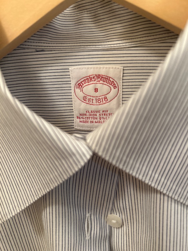 Photo 1 of BROOKS BROTHERS BLUE PIN STRIPED LADIES CLASSIC FIT NON-IRON STRETCH COTTON DRESS SHIRT (8)