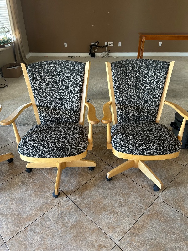 View 1 of 2-TOBIAS DESIGNS CLASSIC CASTER DINING CHAIRS NATURAL WOOD FRAME PATTERNED BLACK WHITE FABRIC