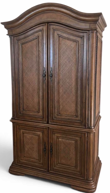 Photo 1 of TALL WOOD ARMOIRE OR ENTERTAINMENT CABINET WITH WOVEN PANEL DOORS AND ARCHED TOP 4‘ x 271/2“ x H88“