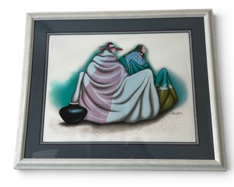 Photo 1 of FRAMED SIGNED ARTWORK BY ROBERT REDBIRD NATIVE AMERICAN FEATURING SOUTHWESTERN FIGURAL SCENE WITH POTTERY, DOUBLE MATTING, AND SILVER-TONE FRAME 39 1/2“ x H33“