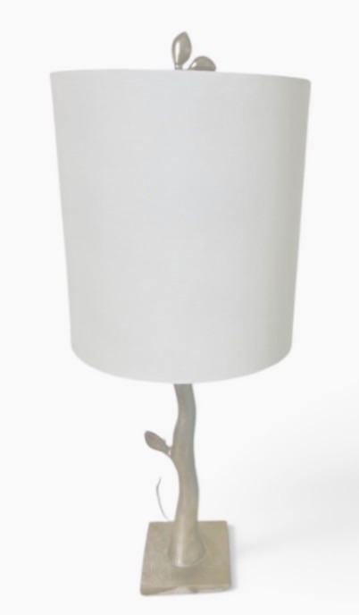 Photo 1 of MODERN NATURE-INSPIRED METAL TABLE LAMP WITH BRANCH AND LEAF DESIGN, FEATURING A WHITE DRUM SHADE H29”