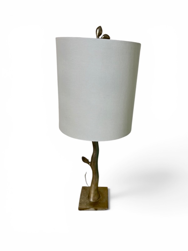 Photo 1 of MODERN NATURE-INSPIRED METAL TABLE LAMP WITH BRANCH AND LEAF DESIGN, FEATURING A WHITE DRUM SHADE H29”