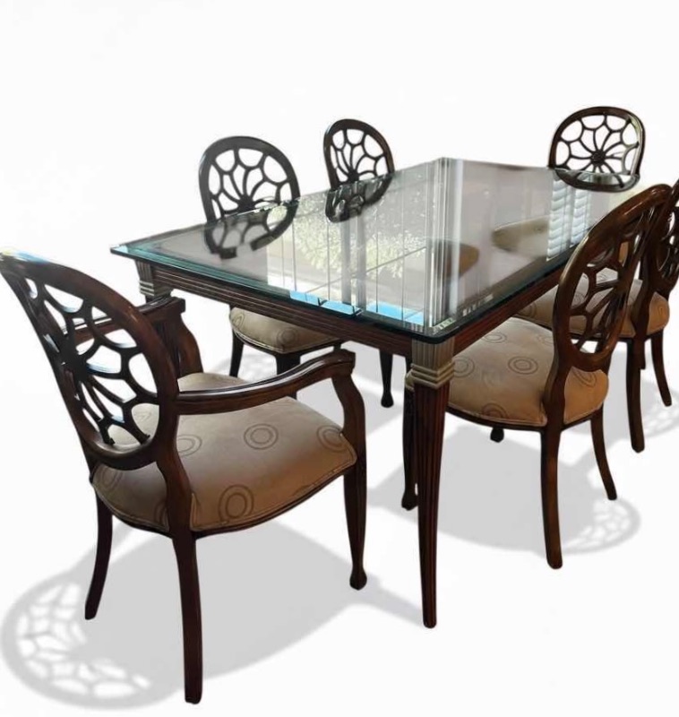 Photo 1 of TRADITIONAL STYLE RECTANGULAR GLASS TOP WOODEN TABLE 72" X 42" H 31" CHAIRS SOLD SEPARATELY