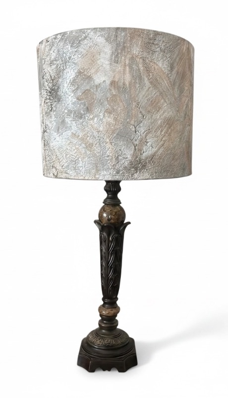Photo 1 of DECORATIVE TABLE LAMP WITH ORNATE BASE AND TEXTURED DRUM SHADE H33”