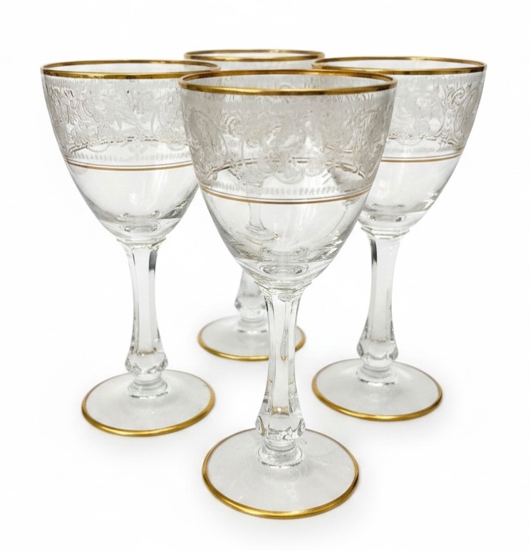 Photo 1 of 4-GLASTONBURY LOTUS WINE GLASS-BROCADE GOLD PATTERN
