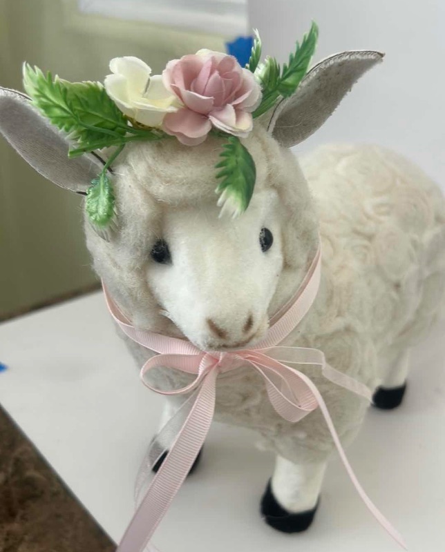 Photo 1 of NORTHLIGHT BEIGE STANDING SHEEP DECORATION FEATURES A FESTIVE FLORAL WREATH AND RUSTIC WHITE SHEEP DECORATION IS ACCENTED WITH TWO YELLOW CHICKS AND A BURLAP NECK TIE. $60 ( TALLEST 11”