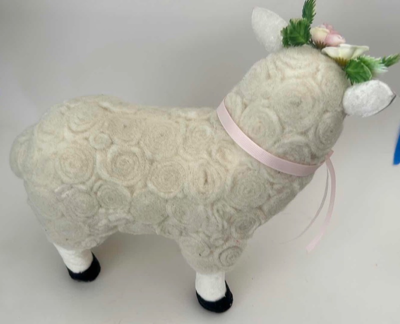 Photo 1 of NORTHLIGHT BEIGE STANDING SHEEP DECORATION FEATURES A FESTIVE FLORAL WREATH AND RUSTIC WHITE SHEEP DECORATION IS ACCENTED WITH TWO YELLOW CHICKS AND A BURLAP NECK TIE. $60 ( TALLEST 11”