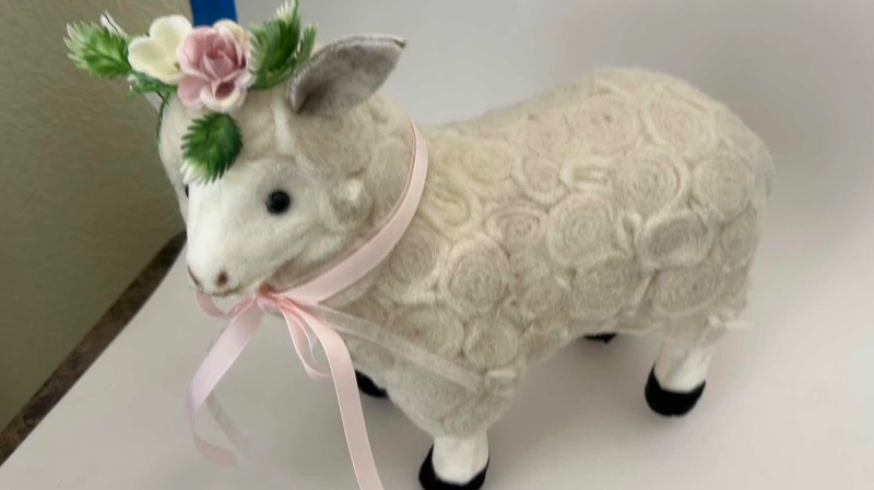Photo 1 of NORTHLIGHT BEIGE STANDING SHEEP DECORATION FEATURES A FESTIVE FLORAL WREATH AND RUSTIC WHITE SHEEP DECORATION IS ACCENTED WITH TWO YELLOW CHICKS AND A BURLAP NECK TIE. $60 ( TALLEST 11”