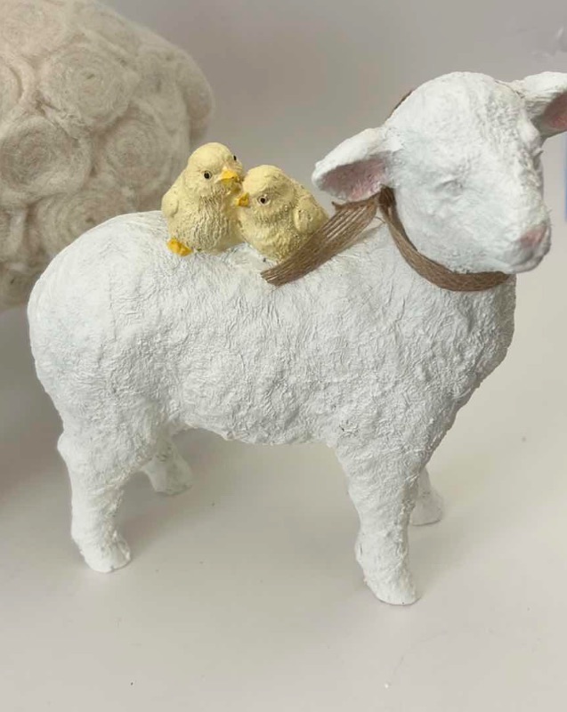 Photo 1 of NORTHLIGHT BEIGE STANDING SHEEP DECORATION FEATURES A FESTIVE FLORAL WREATH AND RUSTIC WHITE SHEEP DECORATION IS ACCENTED WITH TWO YELLOW CHICKS AND A BURLAP NECK TIE. $60 ( TALLEST 11”
