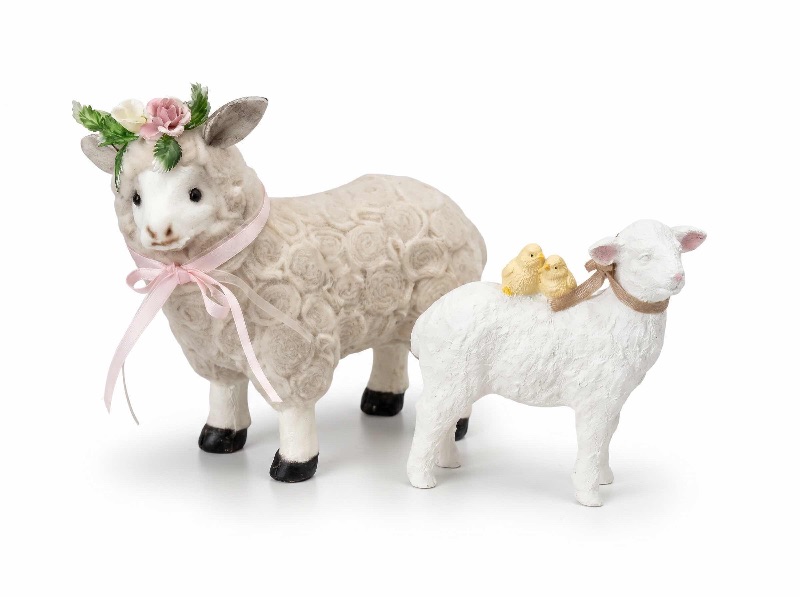 Photo 1 of NORTHLIGHT BEIGE STANDING SHEEP DECORATION FEATURES A FESTIVE FLORAL WREATH AND RUSTIC WHITE SHEEP DECORATION IS ACCENTED WITH TWO YELLOW CHICKS AND A BURLAP NECK TIE. $60 ( TALLEST 11”
