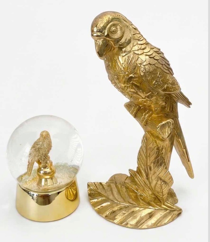 Photo 1 of 2 PC - COLLECTIBLE GOLD TONE TROPICAL PARROT STATUE H13” & SNOW GLOBE