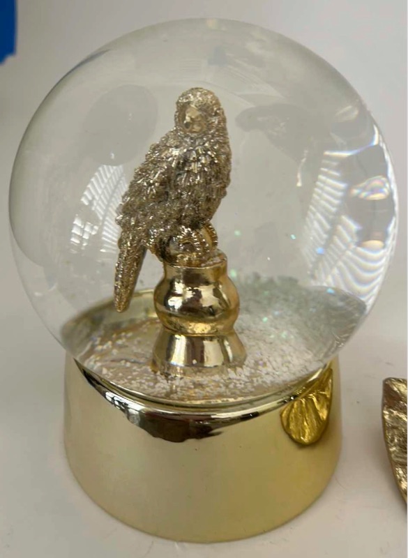 Photo 1 of 2 PC - COLLECTIBLE GOLD TONE TROPICAL PARROT STATUE H13” & SNOW GLOBE