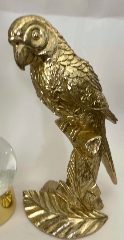 Photo 1 of 2 PC - COLLECTIBLE GOLD TONE TROPICAL PARROT STATUE H13” & SNOW GLOBE
