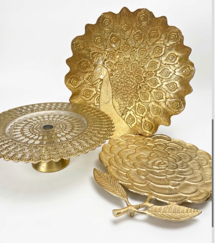 Photo 1 of GOLD TONE SERVING TRAYS AND CAKE STAND LARGEST 15” ROUND