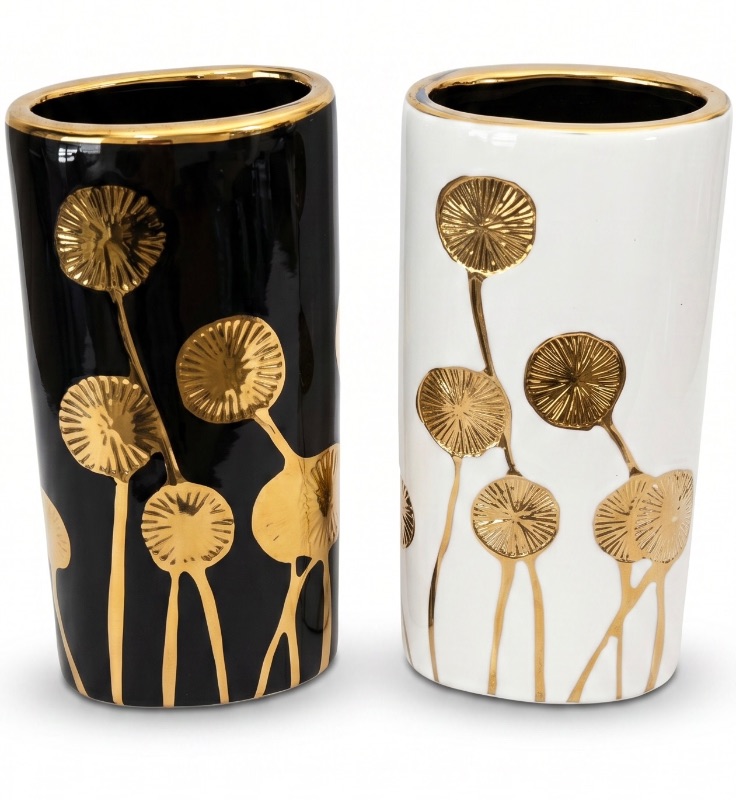 Photo 1 of 2 BLACK & GOLD AND WHITE AND GOLD VASES H10”