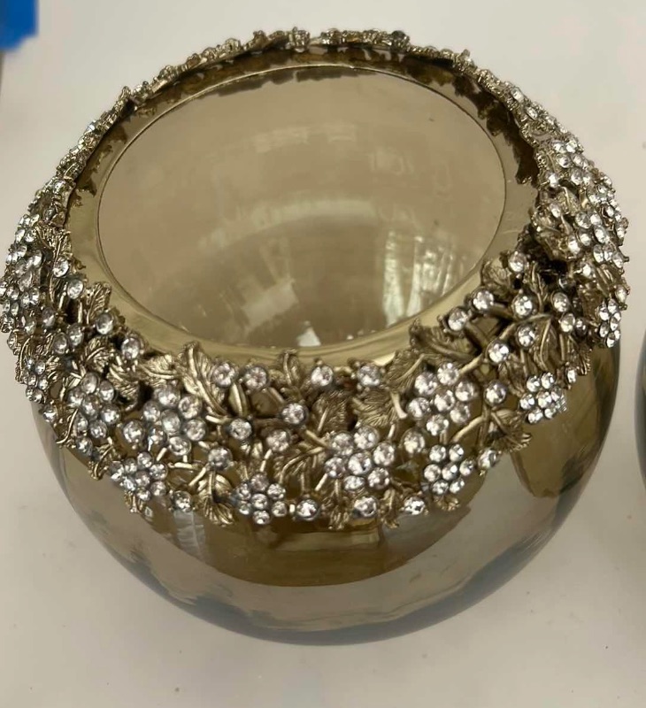 Photo 1 of 2 SILVER TONE GLASS EMBELLISHED BOWLS/VASES/CANDLE HOLDER H6”