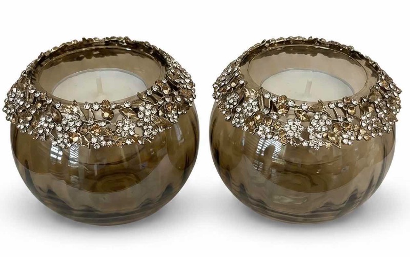 Photo 1 of 2 SILVER TONE GLASS EMBELLISHED BOWLS/VASES/CANDLE HOLDER H6”
