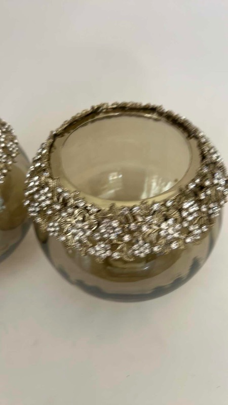 Photo 1 of 2 SILVER TONE GLASS EMBELLISHED BOWLS/VASES/CANDLE HOLDER H6”