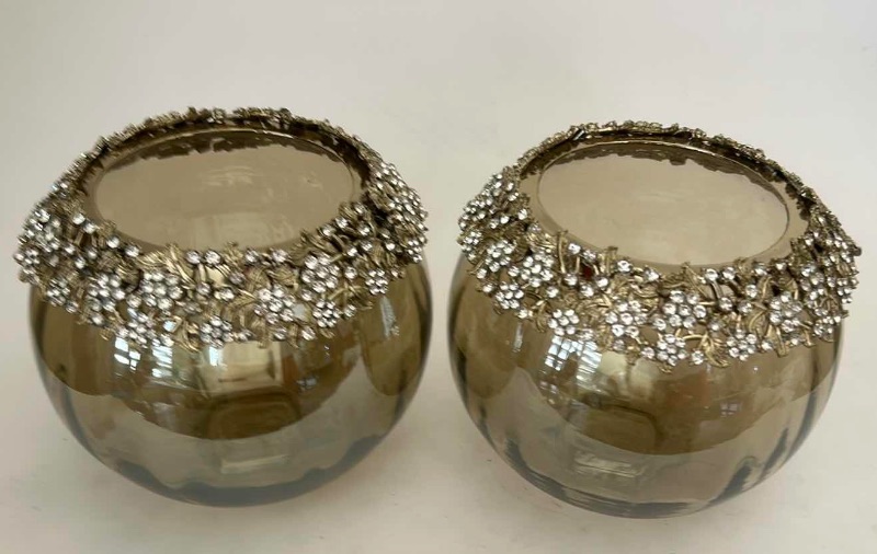 Photo 1 of 2 SILVER TONE GLASS EMBELLISHED BOWLS/VASES/CANDLE HOLDER H6”