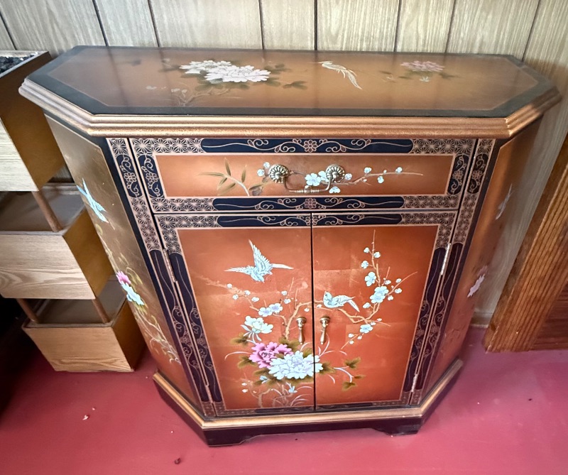 Photo 1 of VINTAGE CHINOISERIE-STYLE GOLD LEAF CABINET W FLORAL BIRD DESIGN (31”x13” H31”)