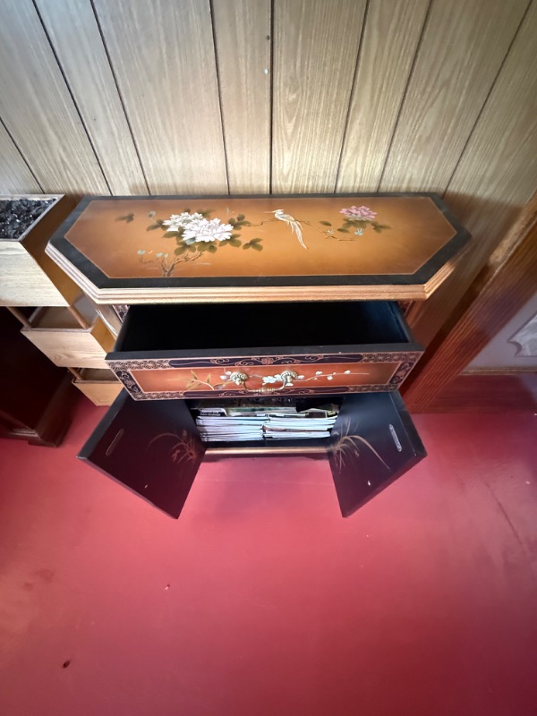 Photo 1 of VINTAGE CHINOISERIE-STYLE GOLD LEAF CABINET W FLORAL BIRD DESIGN (31”x13” H31”)