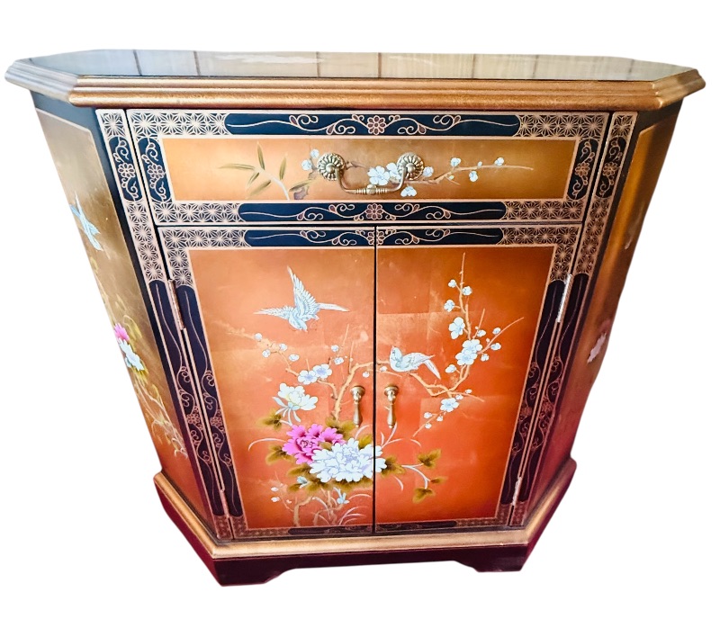 Photo 1 of VINTAGE CHINOISERIE-STYLE GOLD LEAF CABINET W FLORAL BIRD DESIGN (31”x13” H31”)