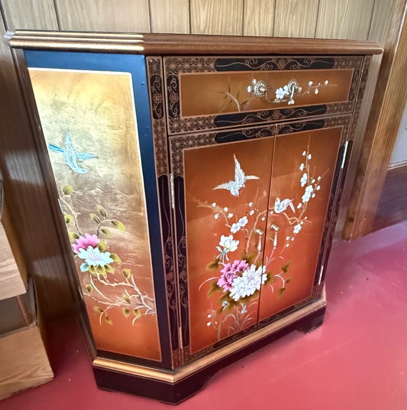 Photo 1 of VINTAGE CHINOISERIE-STYLE GOLD LEAF CABINET W FLORAL BIRD DESIGN (31”x13” H31”)