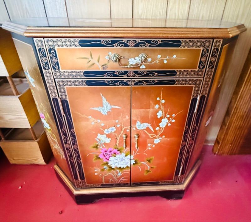 Photo 1 of VINTAGE CHINOISERIE-STYLE GOLD LEAF CABINET W FLORAL BIRD DESIGN (31”x13” H31”)