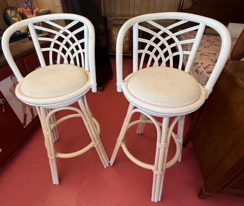 Photo 1 of 2-WHITE RATTAN BARSTOOLS (SEAT H30”)