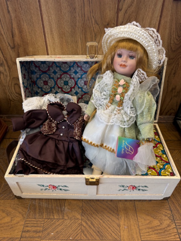 Photo 1 of VINTAGE COLLECTIBLE ASHLEY BELL DOLL W 2 DRESSES & COA IN WOOD STORAGE BOX