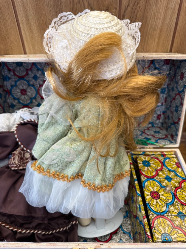 Photo 1 of VINTAGE COLLECTIBLE ASHLEY BELL DOLL W 2 DRESSES & COA IN WOOD STORAGE BOX