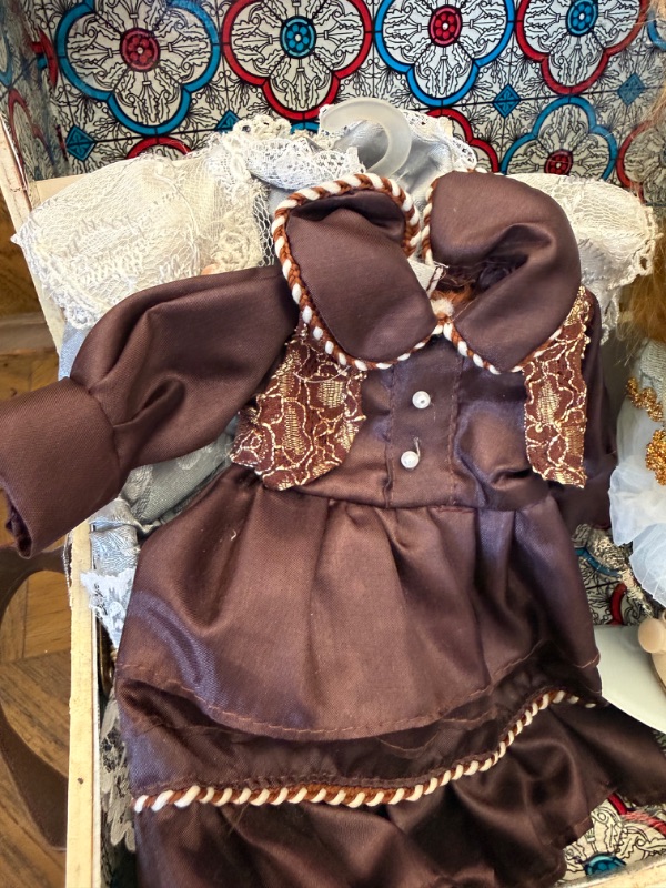 Photo 1 of VINTAGE COLLECTIBLE ASHLEY BELL DOLL W 2 DRESSES & COA IN WOOD STORAGE BOX