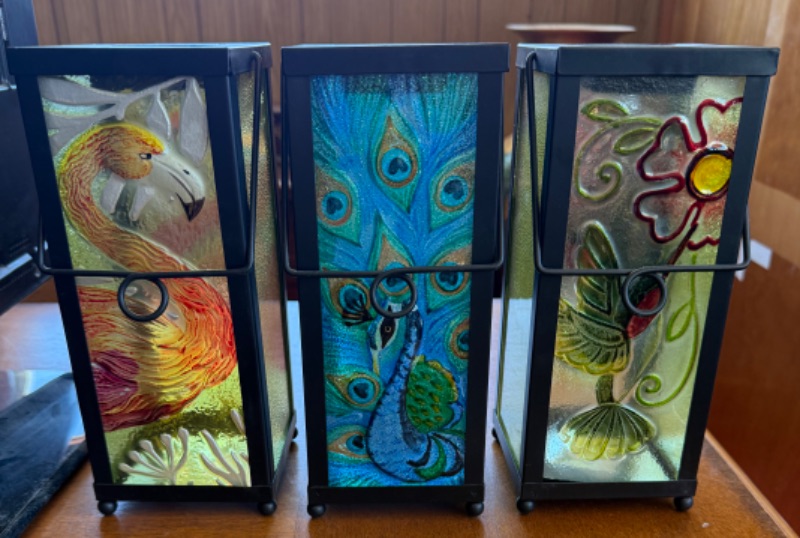 Photo 1 of 3- STAINED GLASS DESIGN WITH BLACK IRON CANDLE HOLDERS H12”