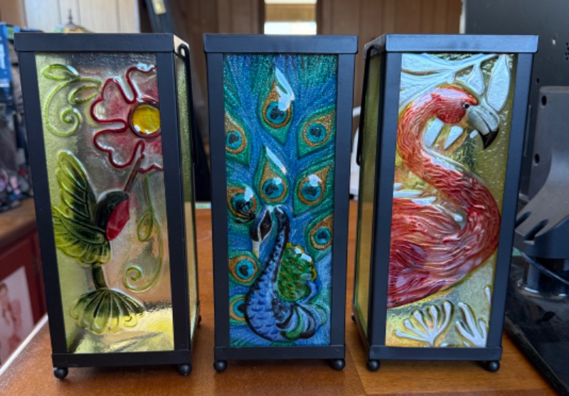 Photo 1 of 3- STAINED GLASS DESIGN WITH BLACK IRON CANDLE HOLDERS H12”