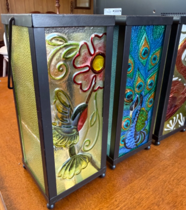 Photo 1 of 3- STAINED GLASS DESIGN WITH BLACK IRON CANDLE HOLDERS H12”