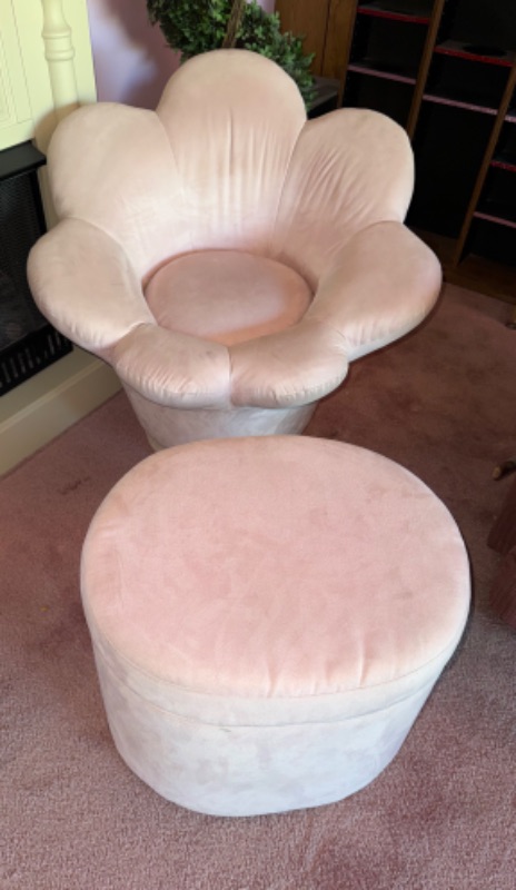 Photo 1 of PLUSH SOFT PINK FLOWER-PETAL CHAIR W MATCHING STORAGE OTTOMAN