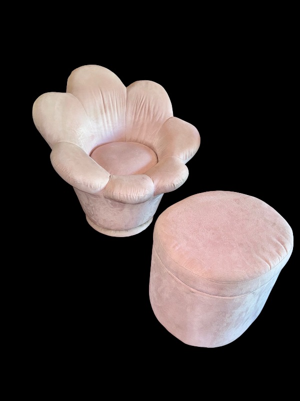 Photo 1 of PLUSH SOFT PINK FLOWER-PETAL CHAIR W MATCHING STORAGE OTTOMAN