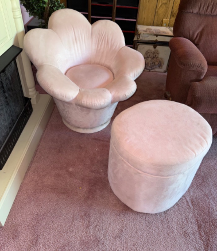 Photo 1 of PLUSH SOFT PINK FLOWER-PETAL CHAIR W MATCHING STORAGE OTTOMAN