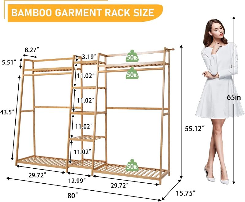 Photo 1 of MoNiBloom Bamboo 5-Tier Garment Rack with 2 Hanging Rods Free Standing Heavy Duty Clothing Rack Wardrobe Closet Organizer for Bedroom Living Room, Brown