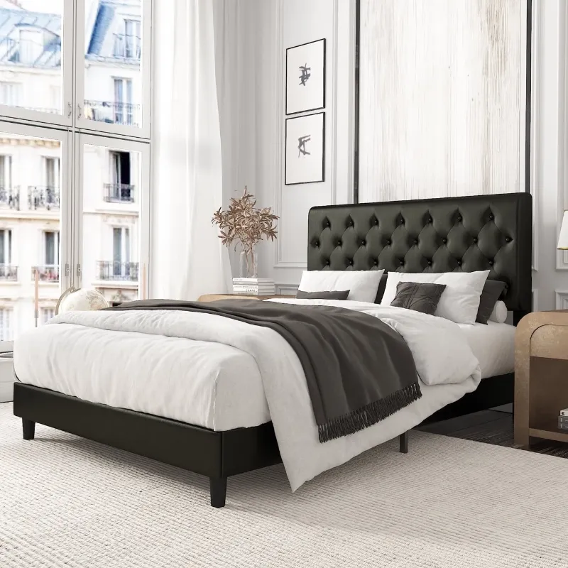 Photo 1 of Amolife XRBC007 Queen Faux Leather Upholstered Platform Bed Frame, Black