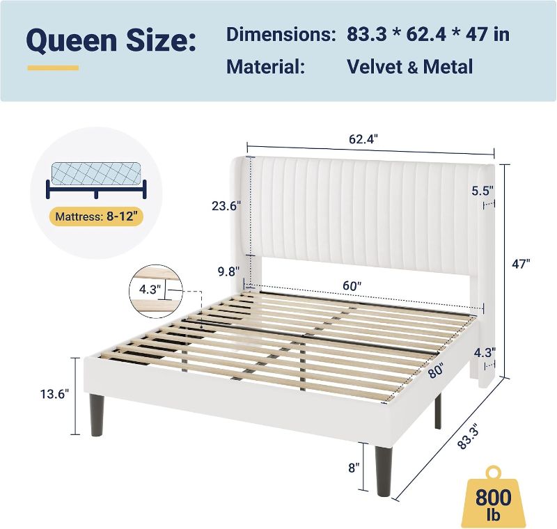 Photo 1 of Allewie Full Size Velvet Bed Frame/Vertical Channel Tufted Wingback Headboard/Upholstered Platform Bed/Strong Wooden Slats/No Box Spring Needed/Easy Assembly/White