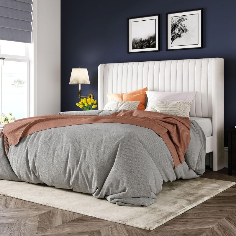 Photo 1 of Allewie Full Size Velvet Bed Frame/Vertical Channel Tufted Wingback Headboard/Upholstered Platform Bed/Strong Wooden Slats/No Box Spring Needed/Easy Assembly/White