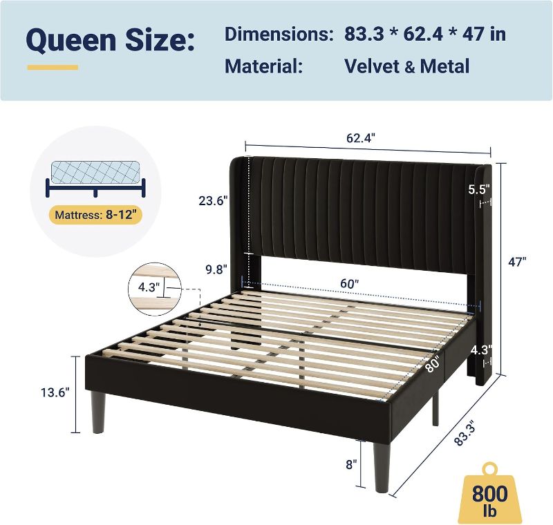 Photo 1 of Allewie Queen Size Velvet Bed Frame/Vertical Channel Tufted Wingback Headboard/Upholstered Platform Bed/Strong Wooden Slats/No Box Spring Needed/Easy...