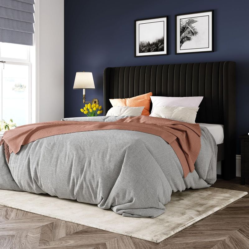 Photo 1 of Allewie Queen Size Velvet Bed Frame/Vertical Channel Tufted Wingback Headboard/Upholstered Platform Bed/Strong Wooden Slats/No Box Spring Needed/Easy...