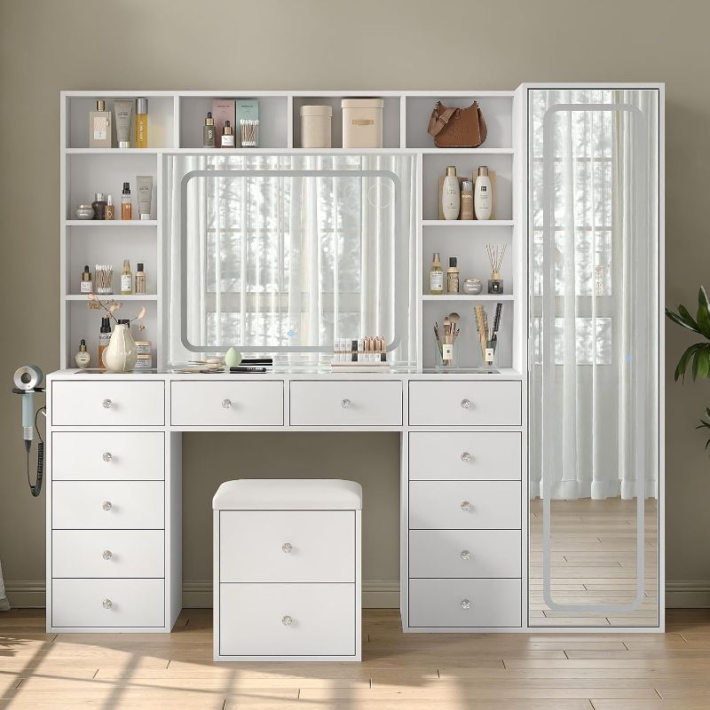 Photo 1 of Partial Set  Yanosaku Vanity Desk Full Length Mirror & LED Mirror with Power Outlet, Makeup Vanity 14 Drawers & 10 Shelves, Hidden Storage Capacity, Dimmable & 3 Color Lighting Dressing Table for Bedroom, White
List of pieces Piece 36 X2 ,Part 30 X1, 31 X