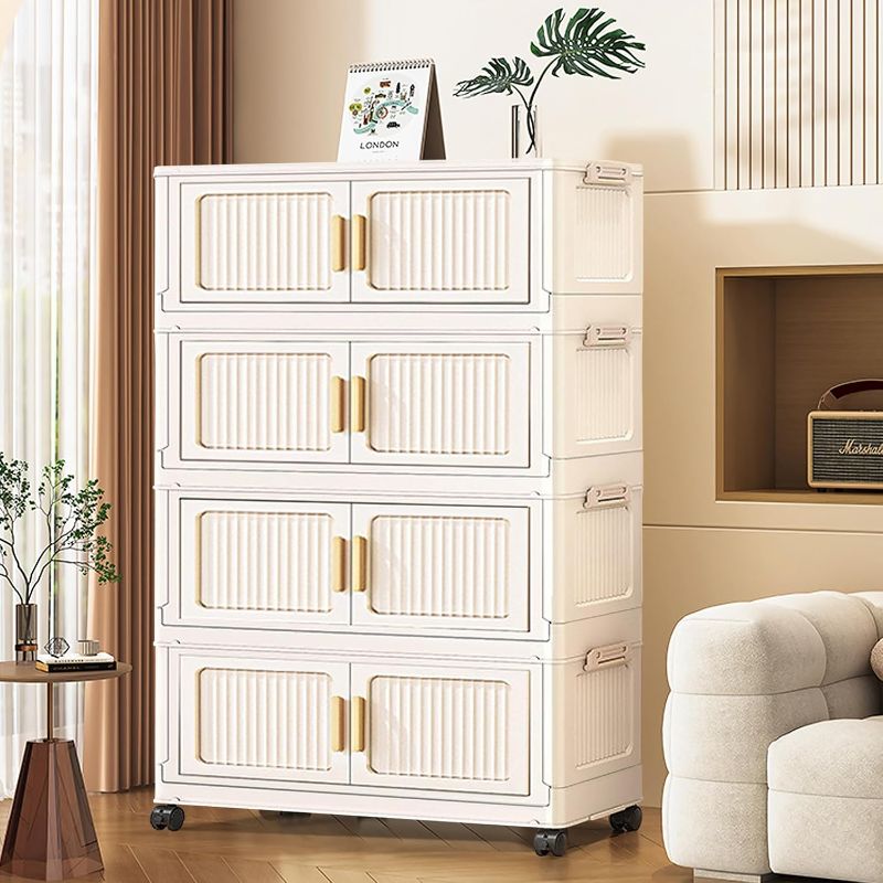 Photo 1 of 1 Tier 7.5 Gallons Foldable Storage Cart with Doors & Clear Windows Stackable Plastic Bins for Clothes Organization, Underbed Dorm Drawers with, Cream Storage