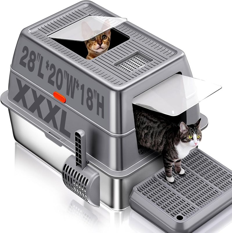 Photo 1 of High-Sided Stainless Steel XL Cat Litter Box for Cats - Stainless Steel Litter Box with Lid MEDIUM Metal Cat Litter Box clear lid