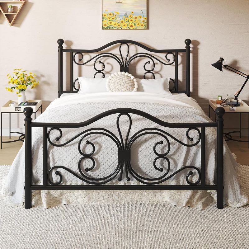 Photo 1 of Full Bed Frame with Butterfly Pattern Design Headboard & Footboard, Black